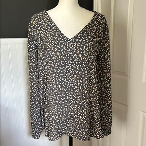 LOFT Black V-Neck Blouse with White and Tan Dot Print